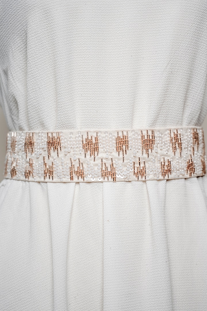 Ivory Raw Silk Embroidered Tie-Up Belt by MEHRAKI