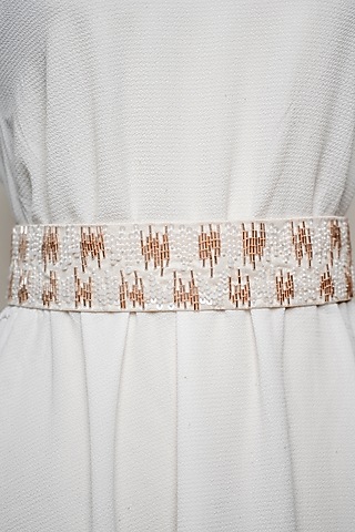 Ivory Raw Silk Embroidered Tie-Up Belt by MEHRAKI