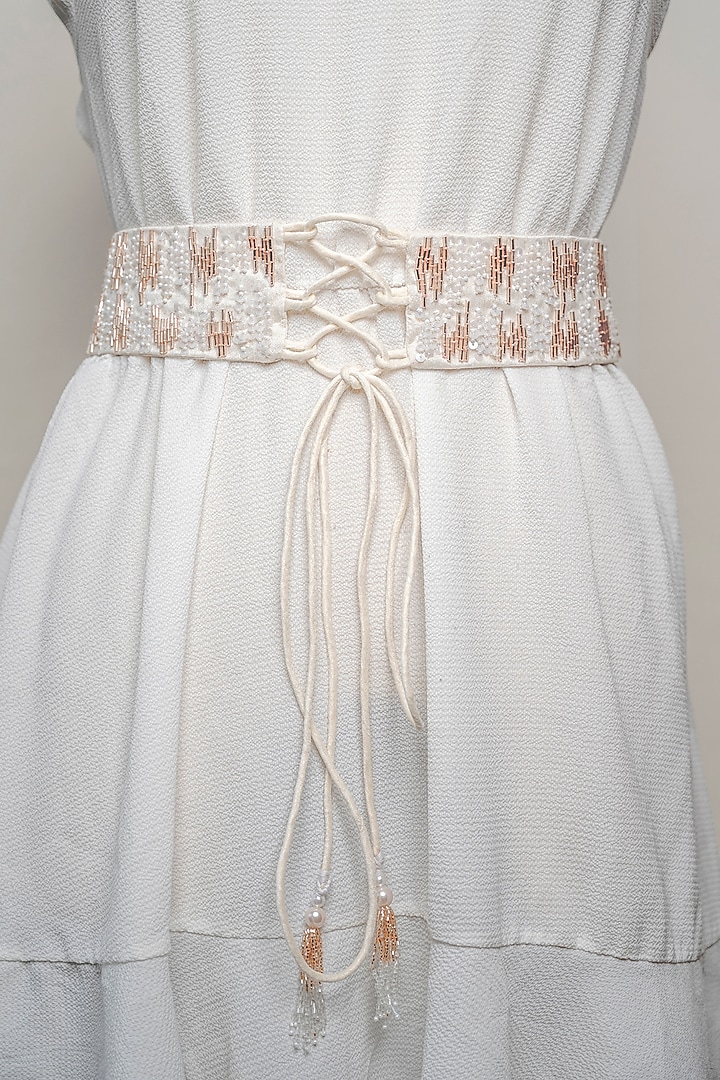 Ivory Raw Silk Embroidered Tie-Up Belt by MEHRAKI at Pernia's Pop Up Shop