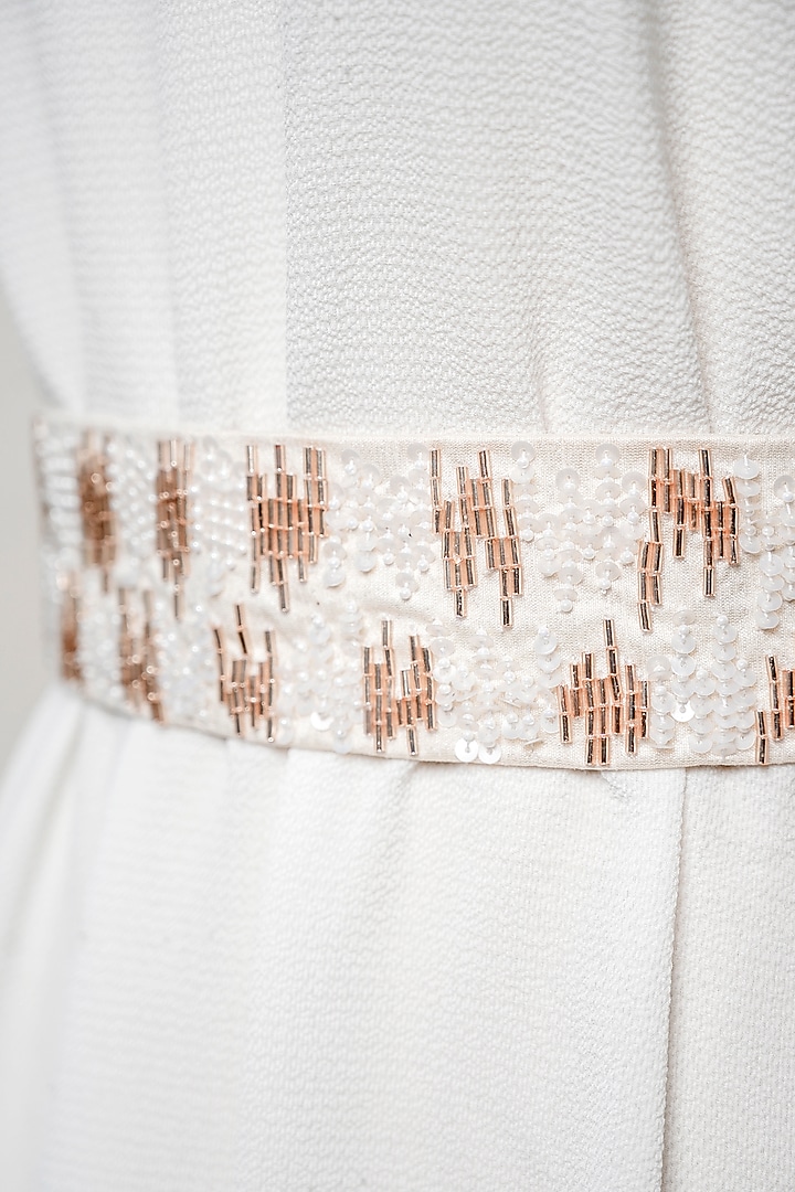 Ivory Raw Silk Embroidered Tie-Up Belt by MEHRAKI at Pernia's Pop Up Shop