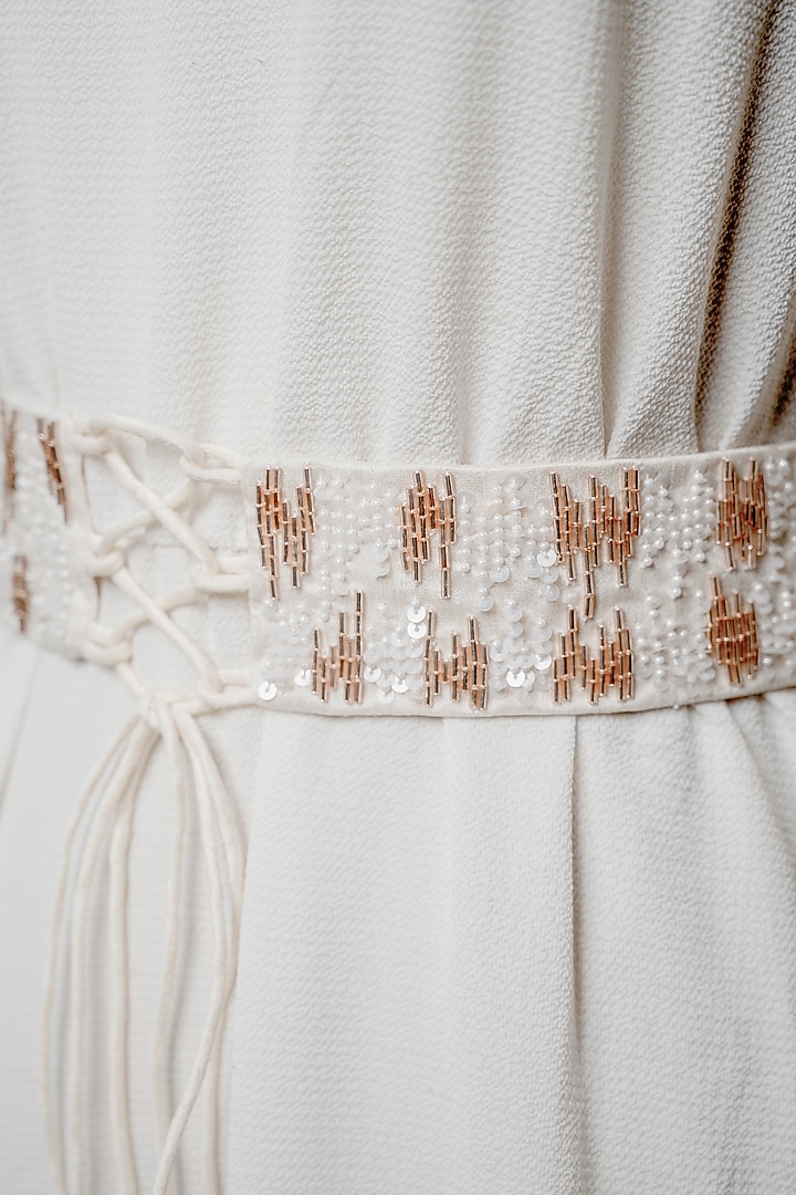 Ivory Raw Silk Embroidered Tie-Up Belt by MEHRAKI at Pernia's Pop Up Shop