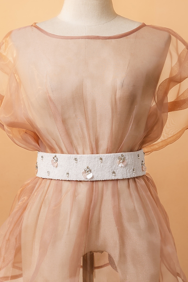 White Raw Silk Embroidered Tie-Up Belt by MEHRAKI