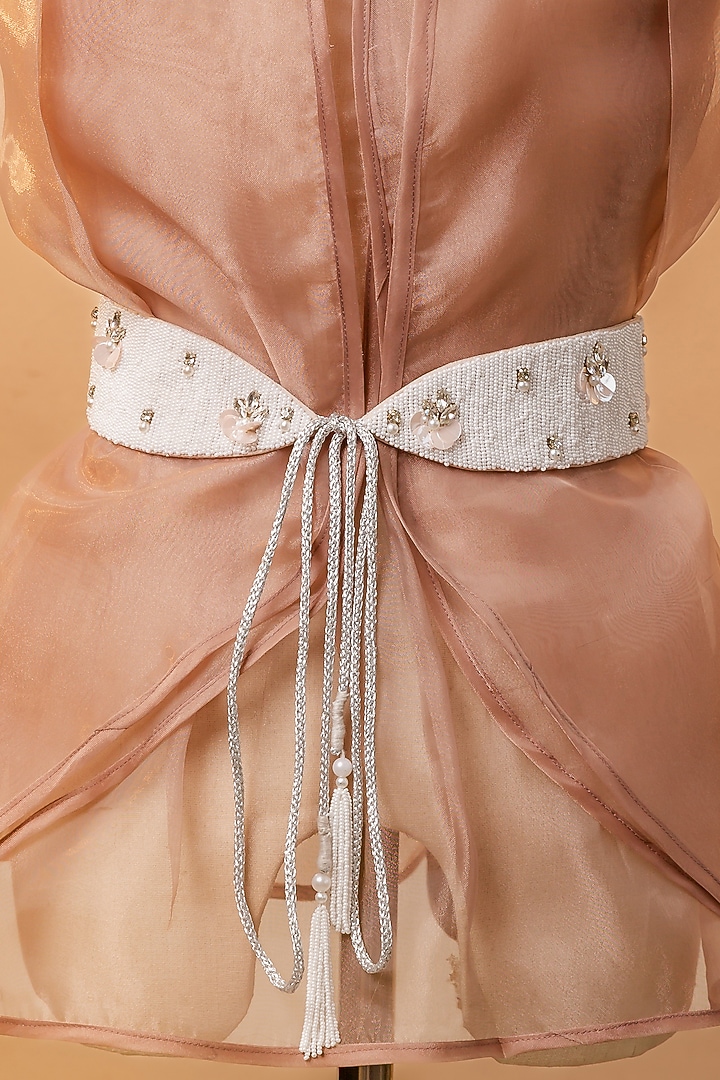 White Raw Silk Embroidered Tie-Up Belt by MEHRAKI at Pernia's Pop Up Shop
