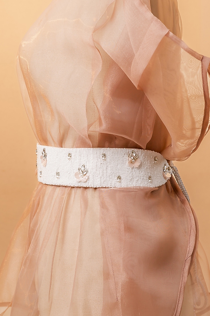 White Raw Silk Embroidered Tie-Up Belt by MEHRAKI at Pernia's Pop Up Shop