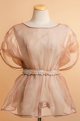 Rose Gold Shimmer Embroidered Tie-Up Belt by MEHRAKI