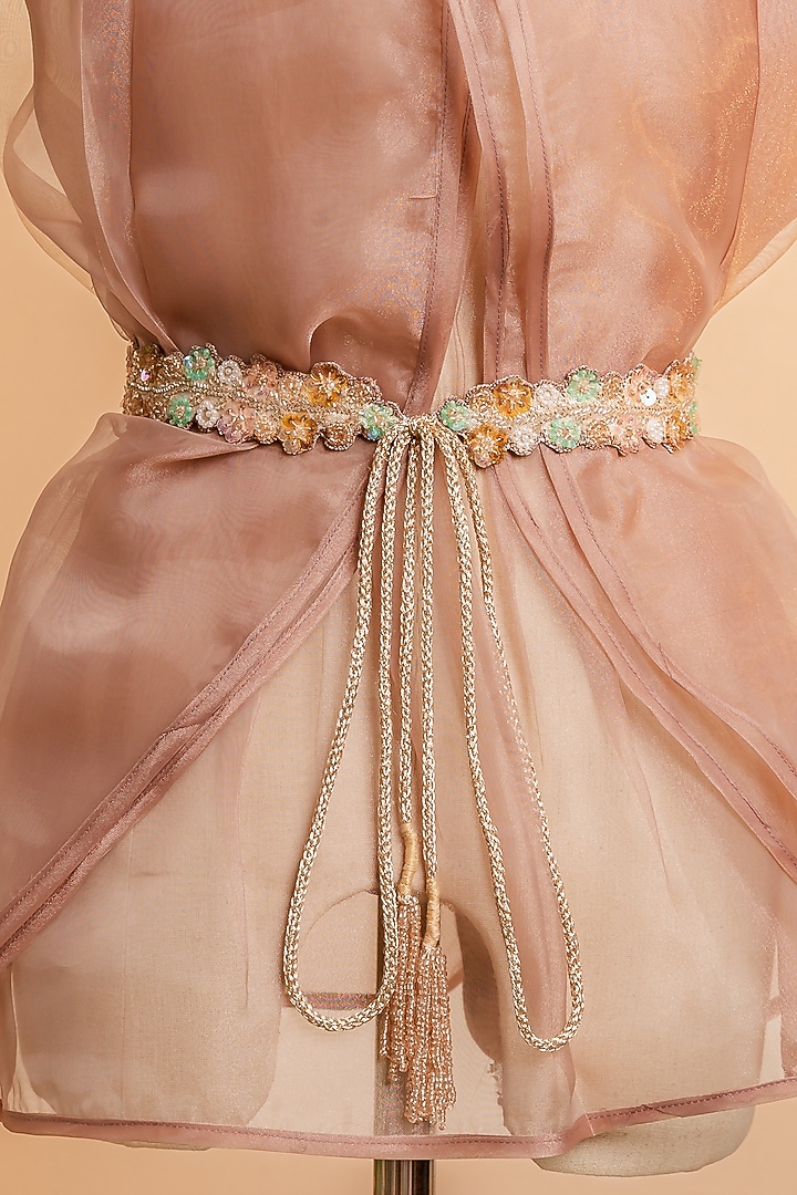 Rose Gold Shimmer Embroidered Tie-Up Belt by MEHRAKI at Pernia's Pop Up Shop