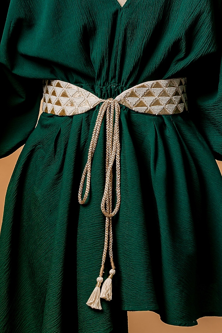 White Raw Silk Hand Embroidered Tie-Up Belt by MEHRAKI at Pernia's Pop Up Shop