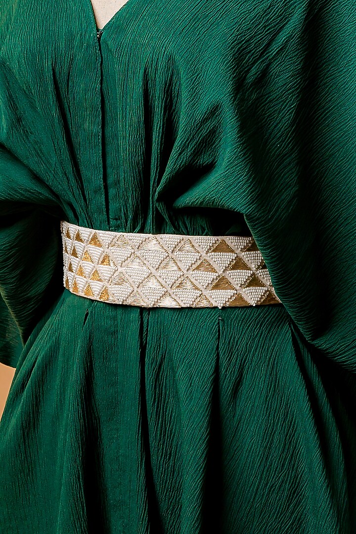 White Raw Silk Hand Embroidered Tie-Up Belt by MEHRAKI at Pernia's Pop Up Shop