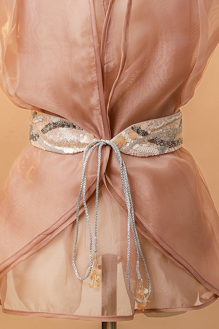 Beige Sheen Linen Embroidered Tie-Up Belt by MEHRAKI at Pernia's Pop Up Shop