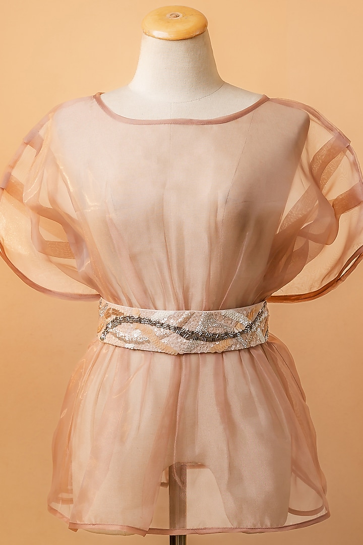 Beige Sheen Linen Embroidered Tie-Up Belt by MEHRAKI at Pernia's Pop Up Shop