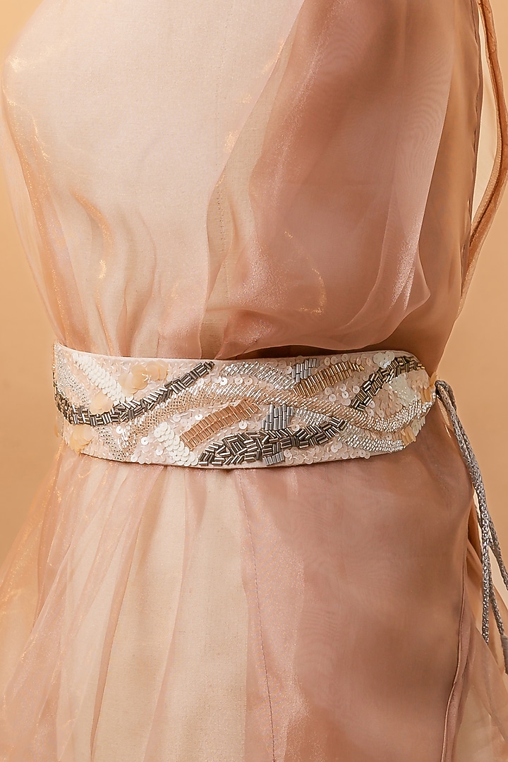 Beige Sheen Linen Embroidered Tie-Up Belt by MEHRAKI at Pernia's Pop Up Shop