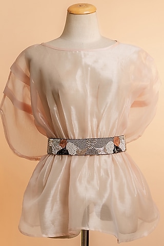 Black Raw Silk Embellished Tie-Up Belt by MEHRAKI
