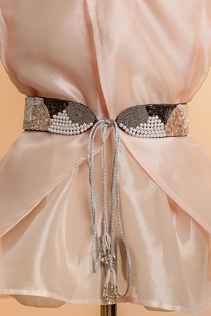 Black Raw Silk Embellished Tie-Up Belt by MEHRAKI at Pernia's Pop Up Shop