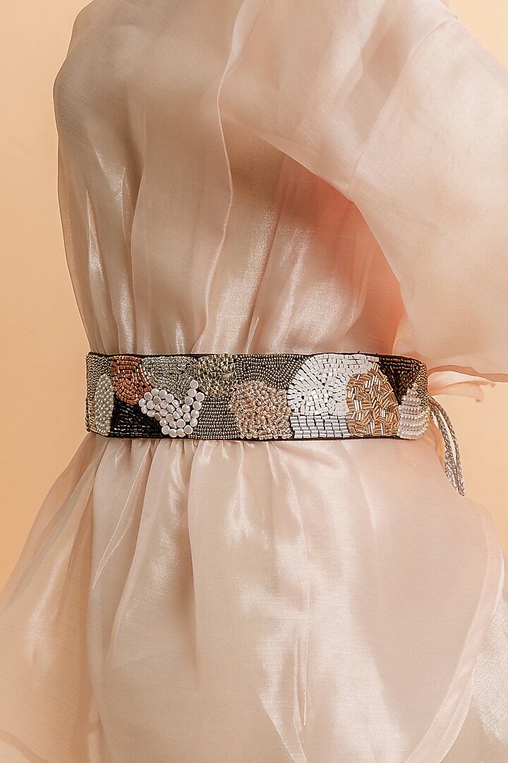 Black Raw Silk Embellished Tie-Up Belt by MEHRAKI at Pernia's Pop Up Shop