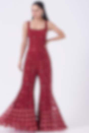 Burnt Red Embroidered Jumpsuit by Mishru