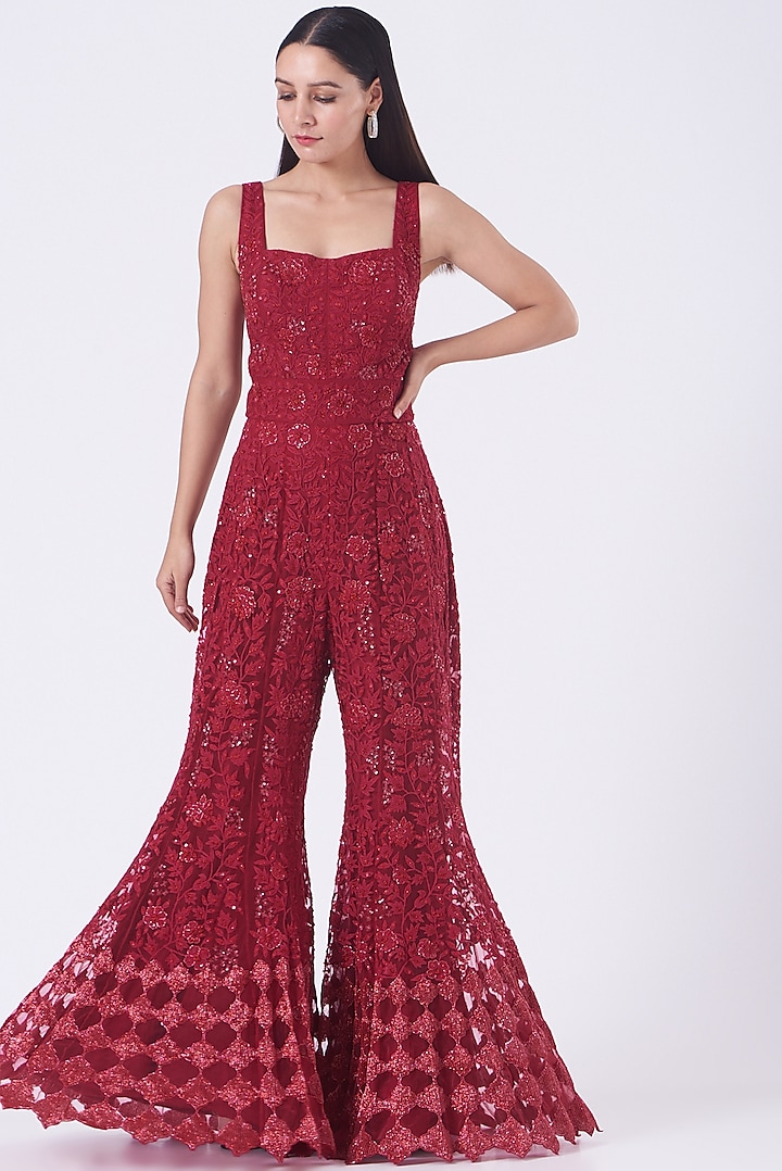 Burnt Red Embroidered Jumpsuit by Mishru