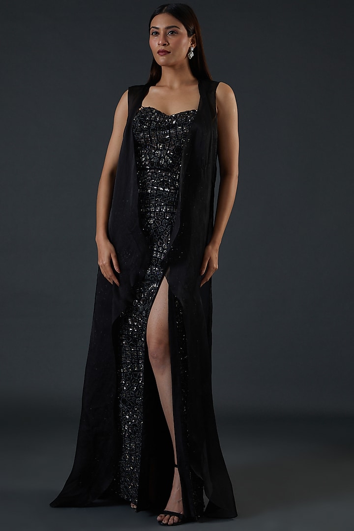 Black Tulle Embroidered Gown With Jacket by Mishru