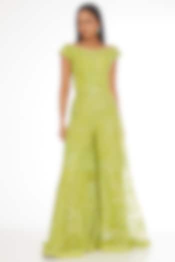 Lime Tulle Flared Pant Set by Mishru