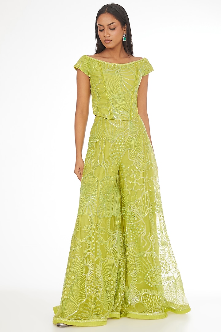 Lime Tulle Flared Pant Set by Mishru at Pernia's Pop Up Shop