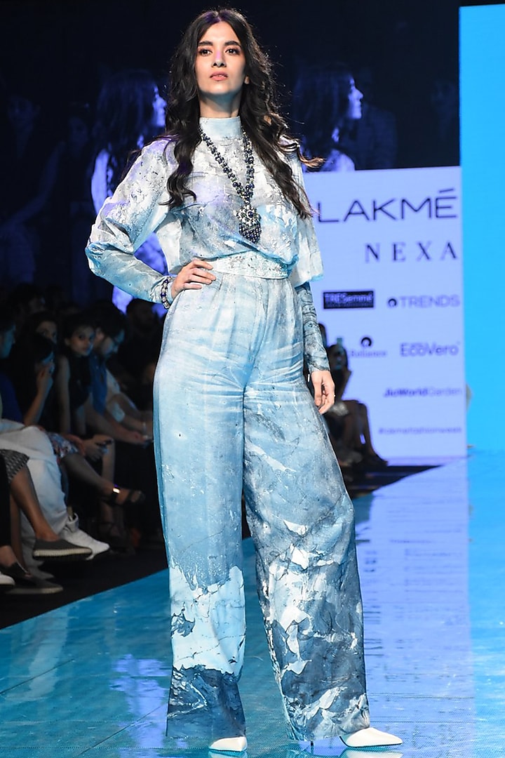Blue Embroidered Top With Pants & Belt by Mishru