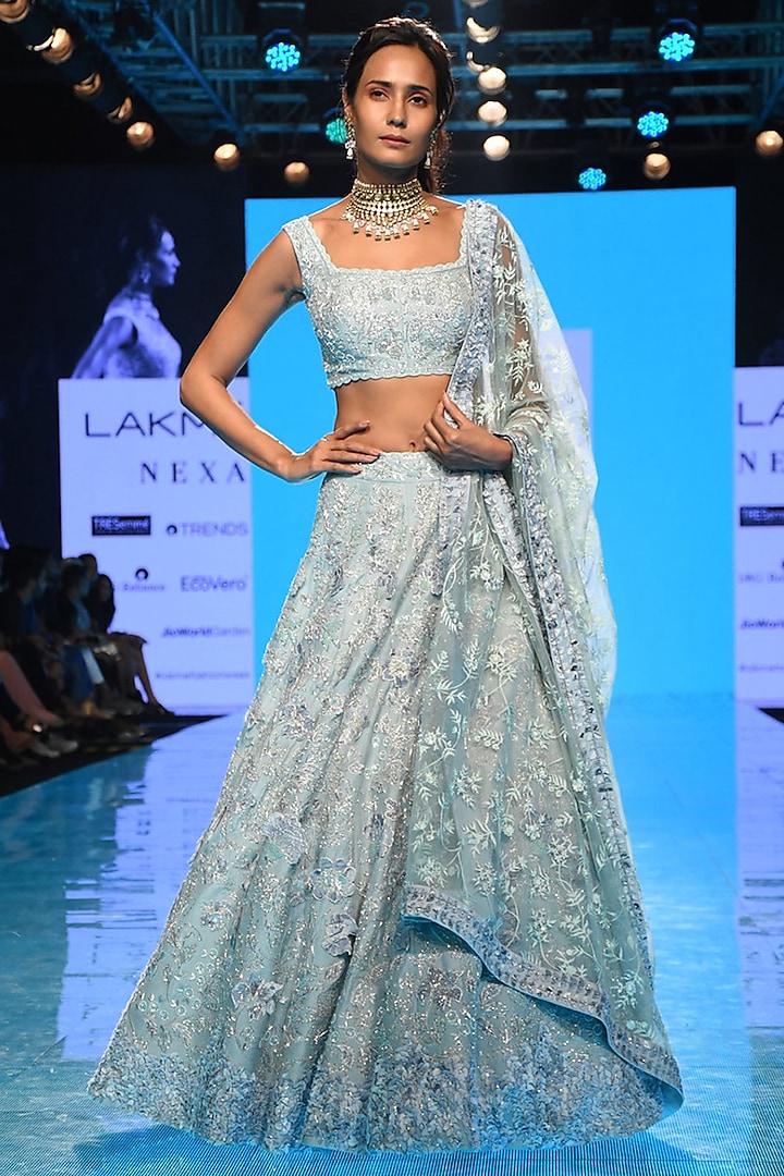 Cloudy Blue 3D Embroidered Lehenga Set by Mishru