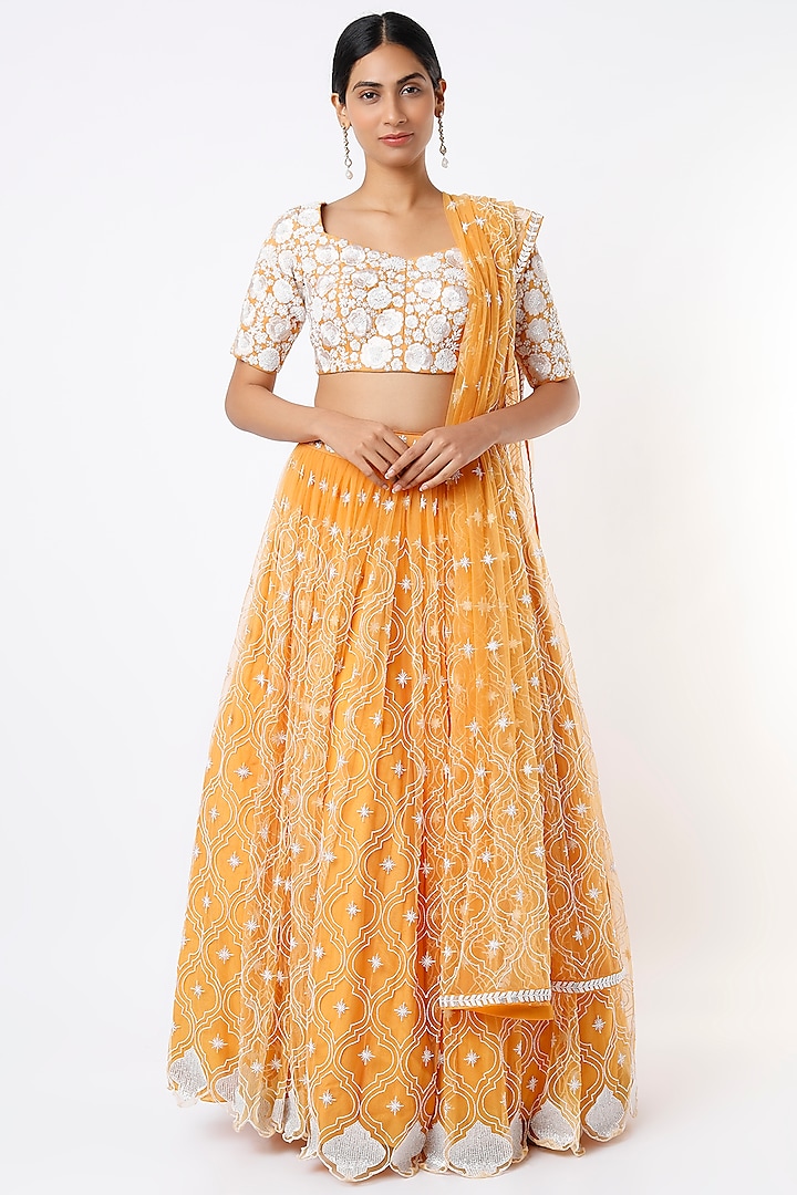 Orange Embroidered Lehenga Set by Mishru