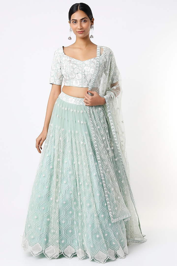 Mint Embroidered Wedding Lehenga Set by Mishru at Pernia's Pop Up Shop