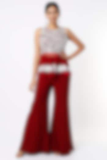 Maroon Tulle Pant Set by Mishru at Pernia's Pop Up Shop