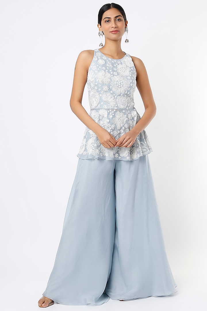 Sky Blue Tulle Flared Pant Set by Mishru at Pernia's Pop Up Shop