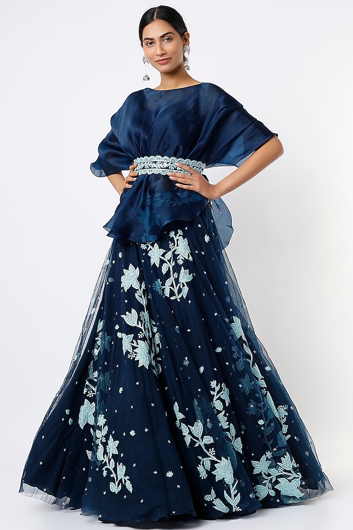 Cobalt Blue Embroidered Wedding Lehenga Set by Mishru at Pernia's Pop Up Shop