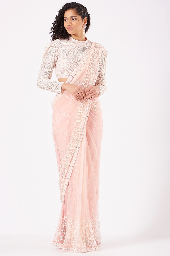 Blush Pink Tulle Jaal Embroidered Saree Set by Mishru at Pernia's Pop Up Shop