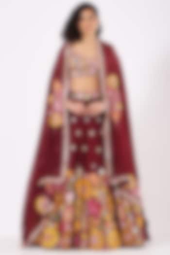 Maroon Embroidered Lehenga Set by Mishru