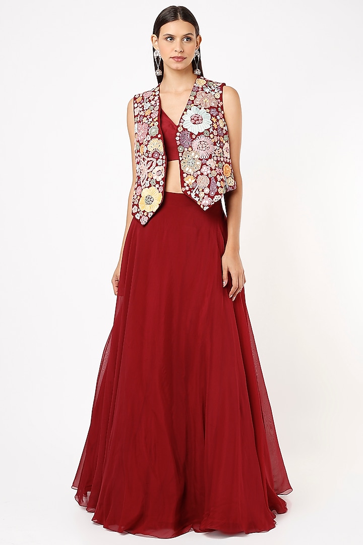 Cranberry Red Embroidered Jacket Lehenga Set by Mishru