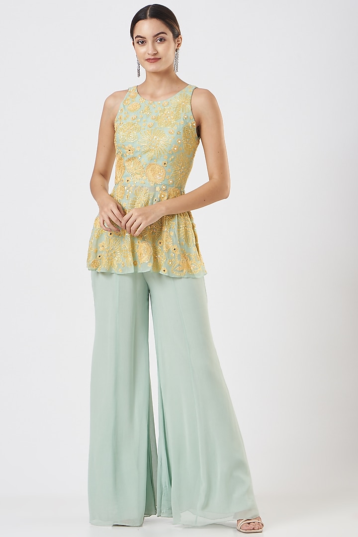 Mint Green Georgette Pant Set by Mishru at Pernia's Pop Up Shop