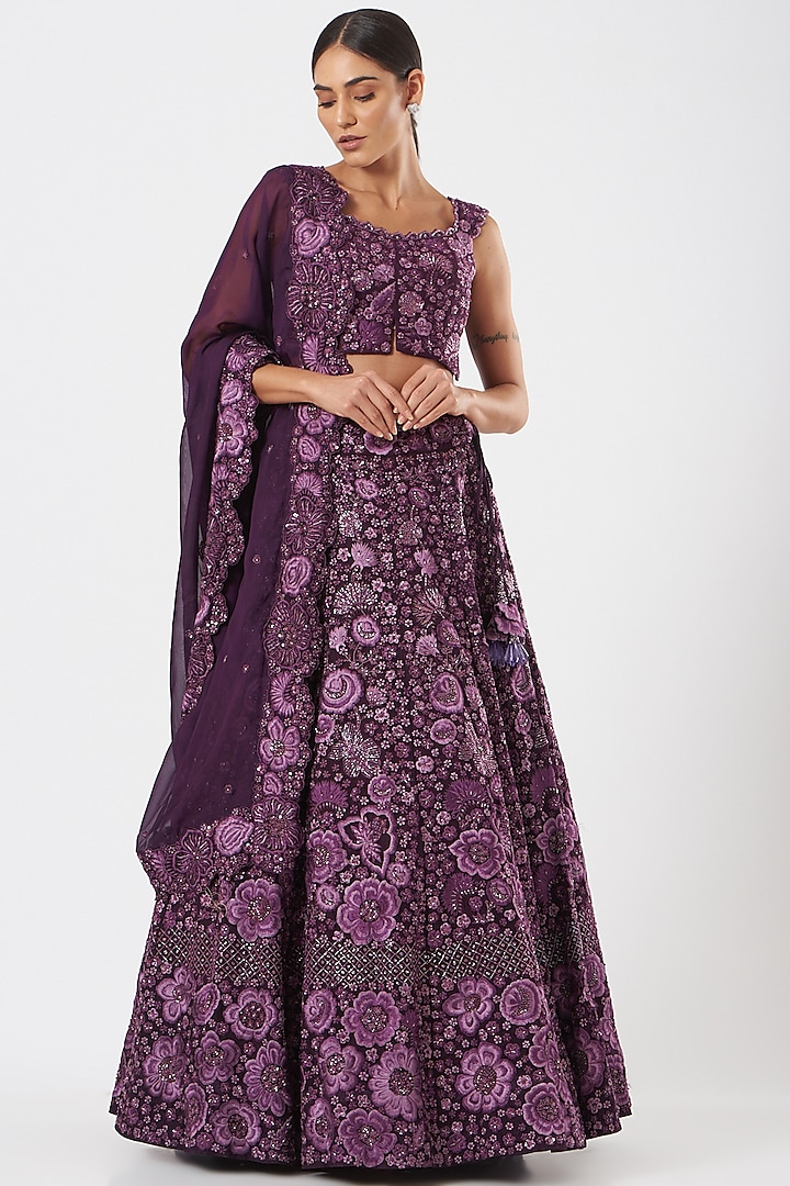 Violet Floral Embroidered Lehenga Set by Mishru