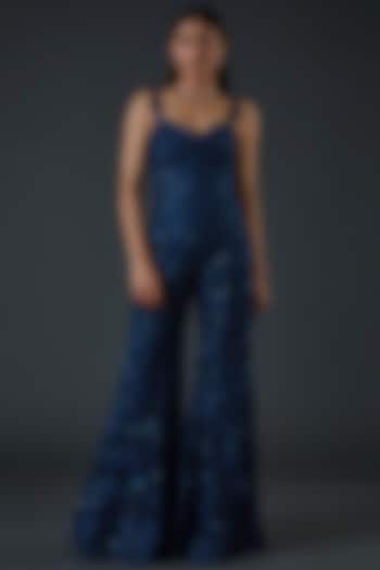Blue Tulle Hand Embroidered Jumpsuit by Mishru