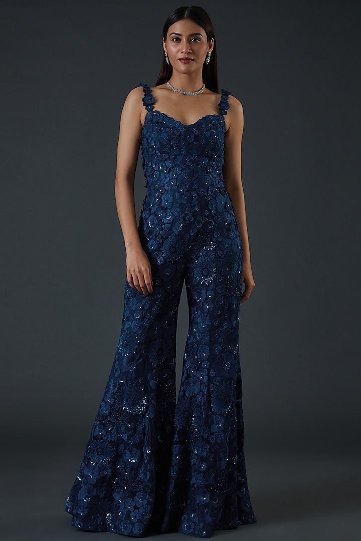 Blue Tulle Hand Embroidered Jumpsuit by Mishru