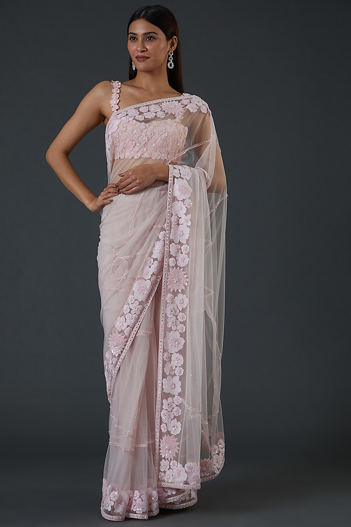 Blush Pink Tulle Embroidered Saree Set by Mishru