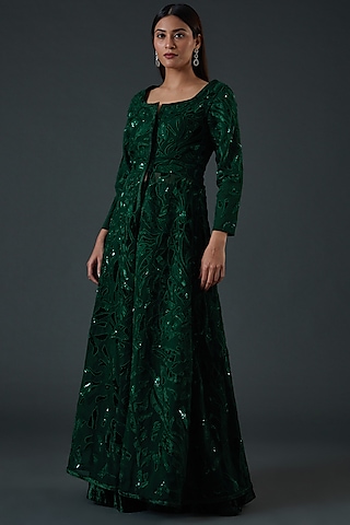 Emerald Green Velvet & Organza Jacket Set by Mishru