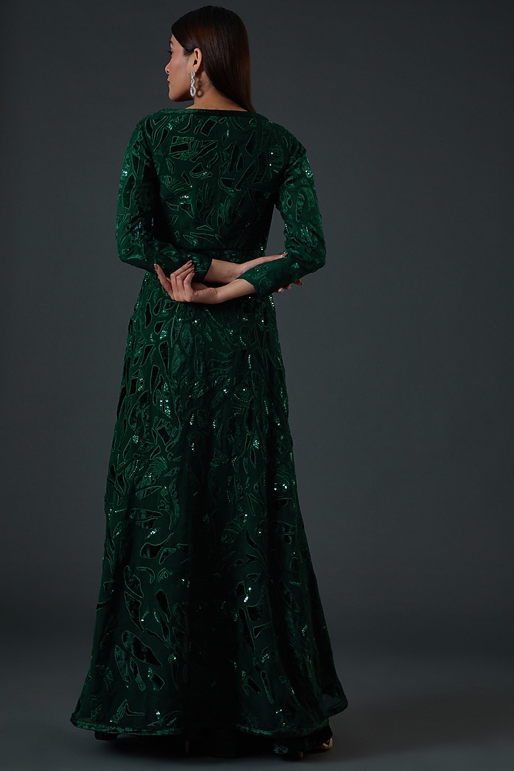 Emerald Green Velvet & Organza Jacket Set by Mishru at Pernia's Pop Up Shop