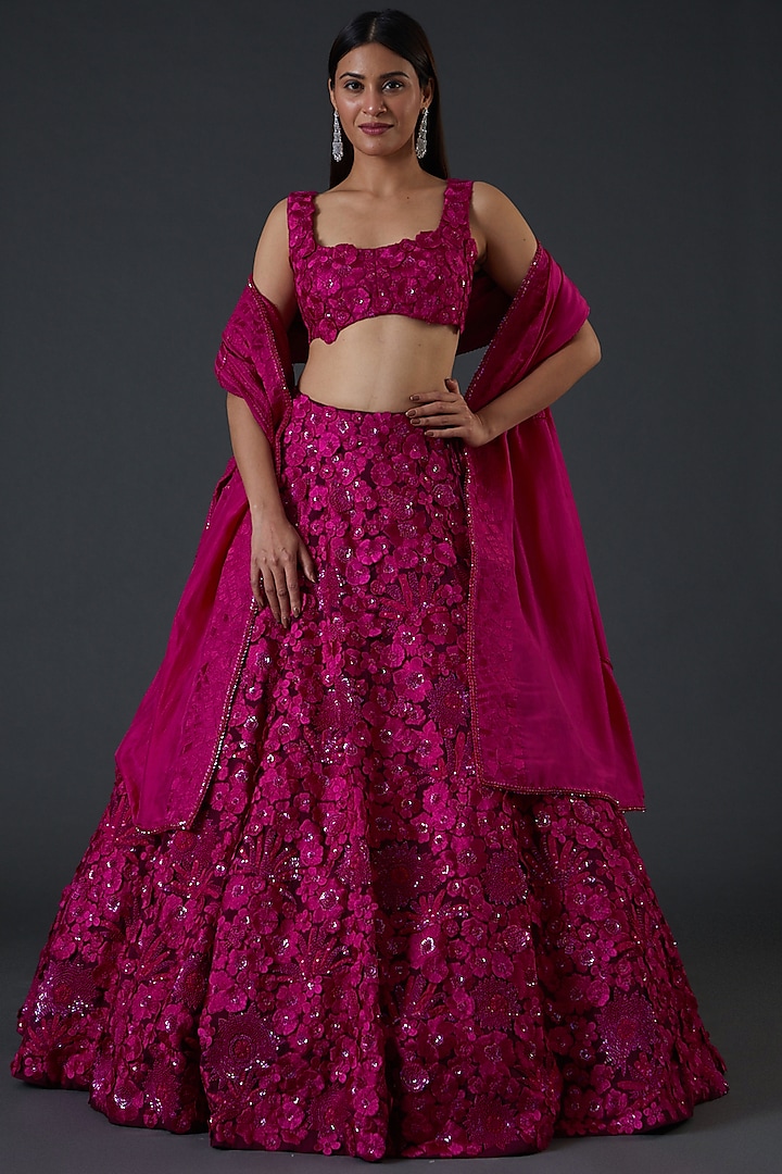 Pink Chanderi & Organza Embroidered Lehenga Set by Mishru