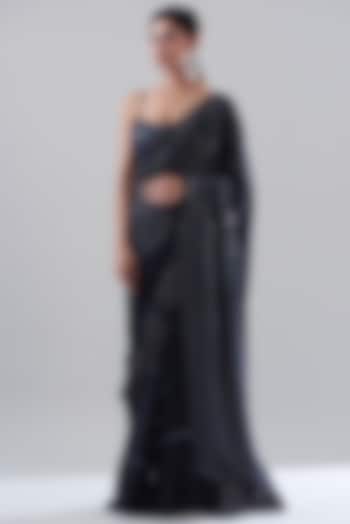 Navy Blue Natural Crepe Embroidered Bridal Saree Set by Mishru at Pernia's Pop Up Shop