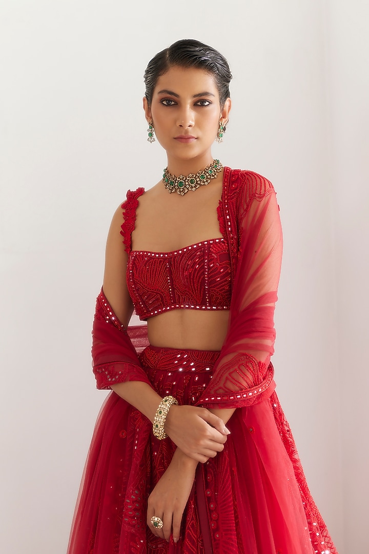 Red Soft Tulle Gathered Bridal Lehenga Set by Mishru at Pernia's Pop Up Shop