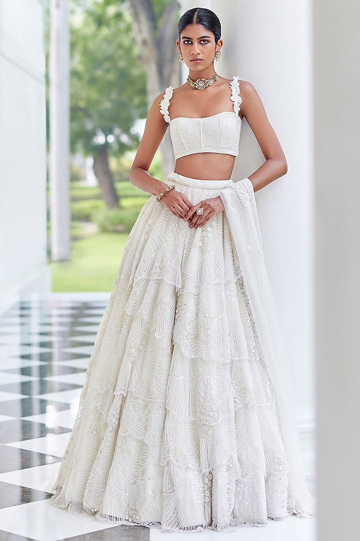Ivory Organza Layered Bridal Lehenga Set by Mishru at Pernia's Pop Up Shop