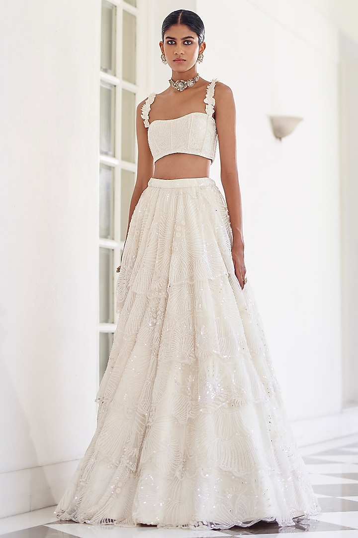Ivory Organza Layered Bridal Lehenga Set by Mishru at Pernia's Pop Up Shop