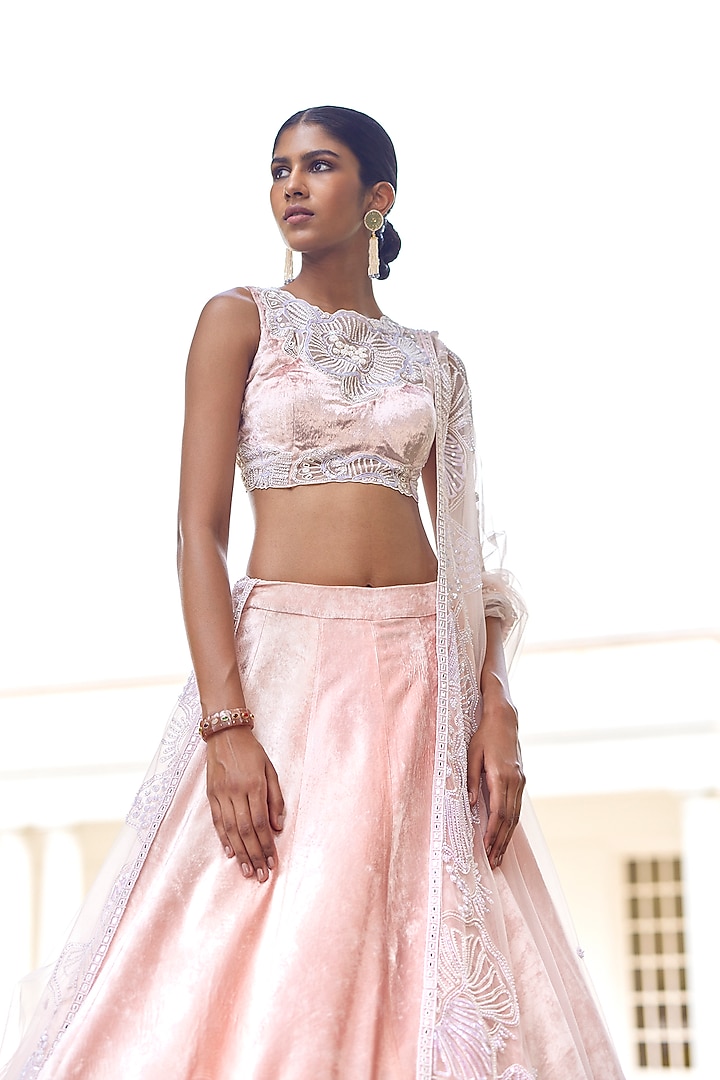 Light Pink Velvet Bridal Lehenga Set by Mishru at Pernia's Pop Up Shop
