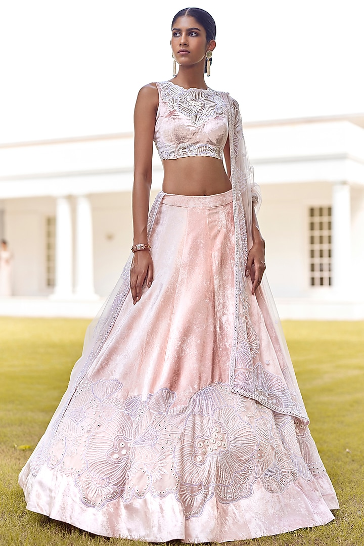 Light Pink Velvet Bridal Lehenga Set by Mishru at Pernia's Pop Up Shop
