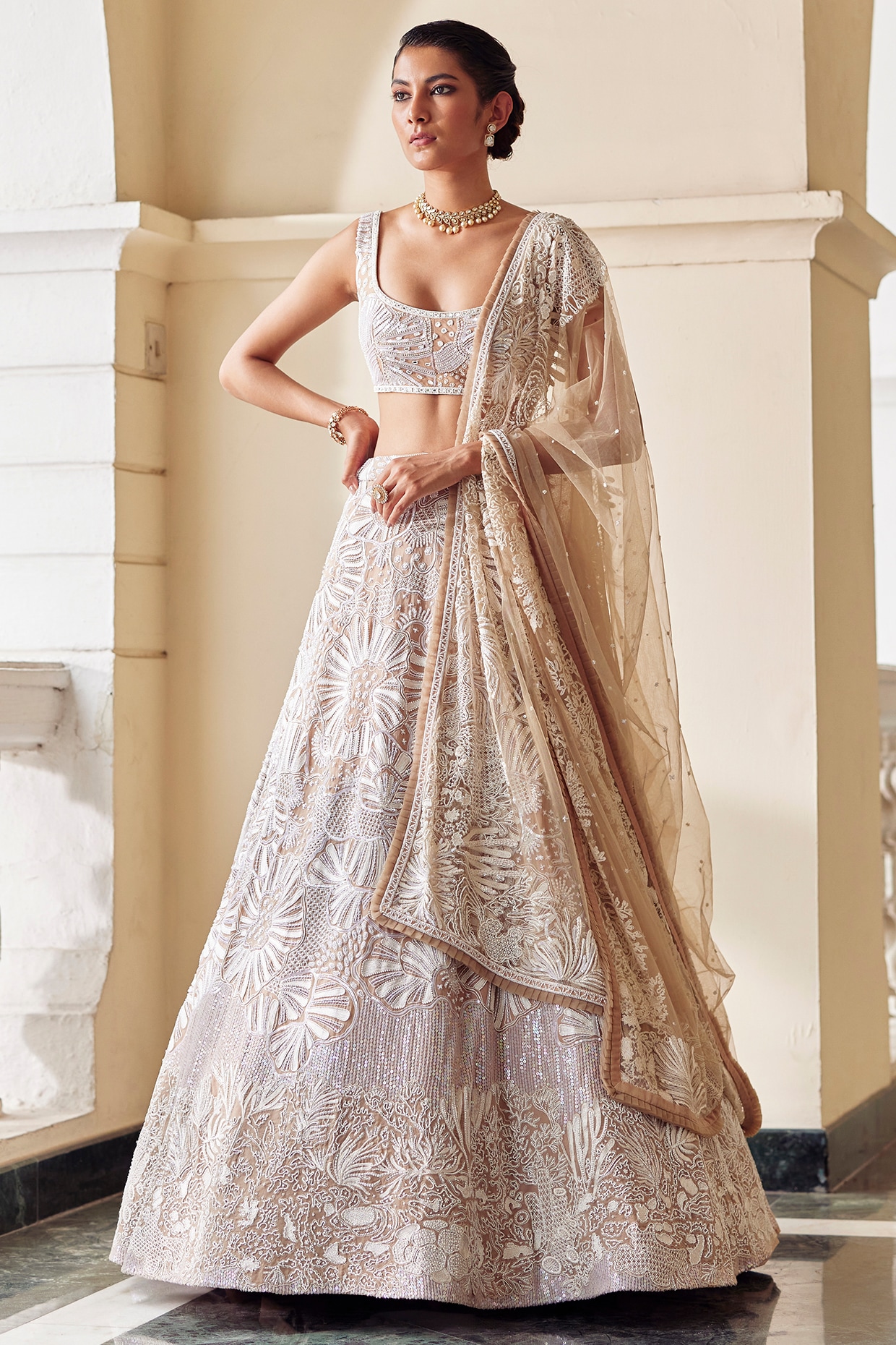 Beige Organza Lehenga Set Design by Mishru at Pernia's Pop Up Shop 2024