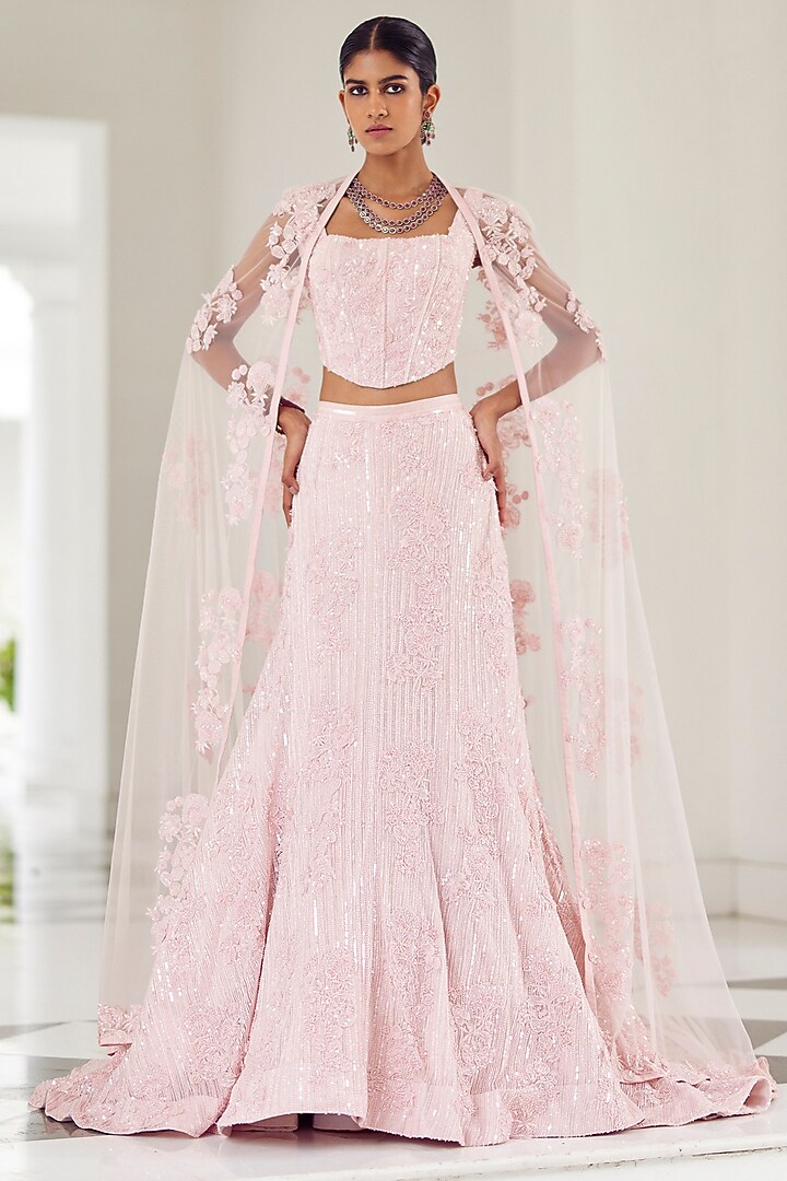 Blush Pink Soft Tulle & Brocade Mermaid Jacket Bridal Lehenga Set by Mishru at Pernia's Pop Up Shop