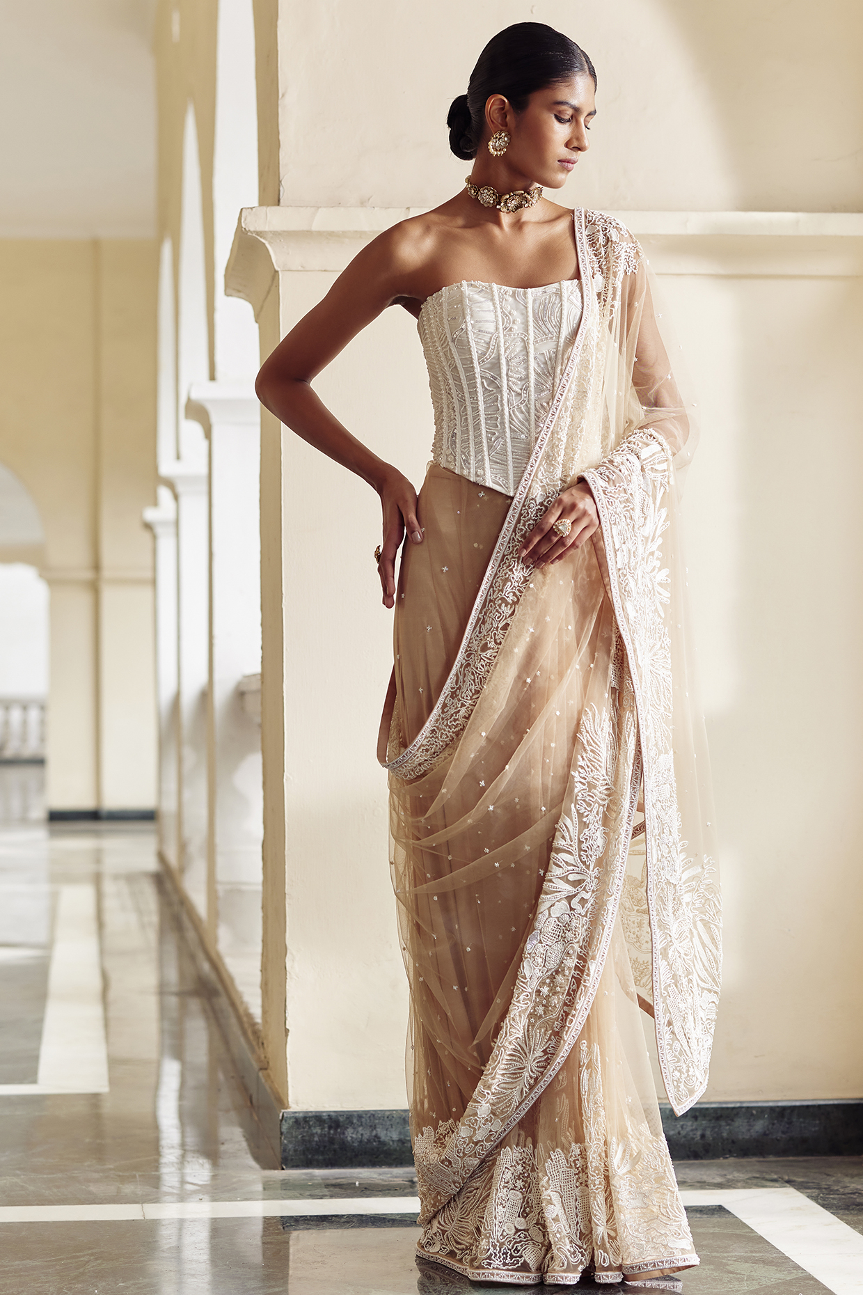 Beige Soft Tulle Bridal Saree Set by Mishru at Pernia's Pop Up Shop